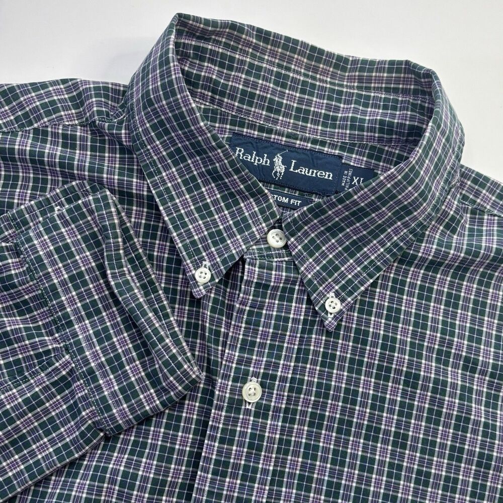 Ralph Lauren Custom Fit Green purple Plaid Mens XL Long Sleeve Button Down Shirt